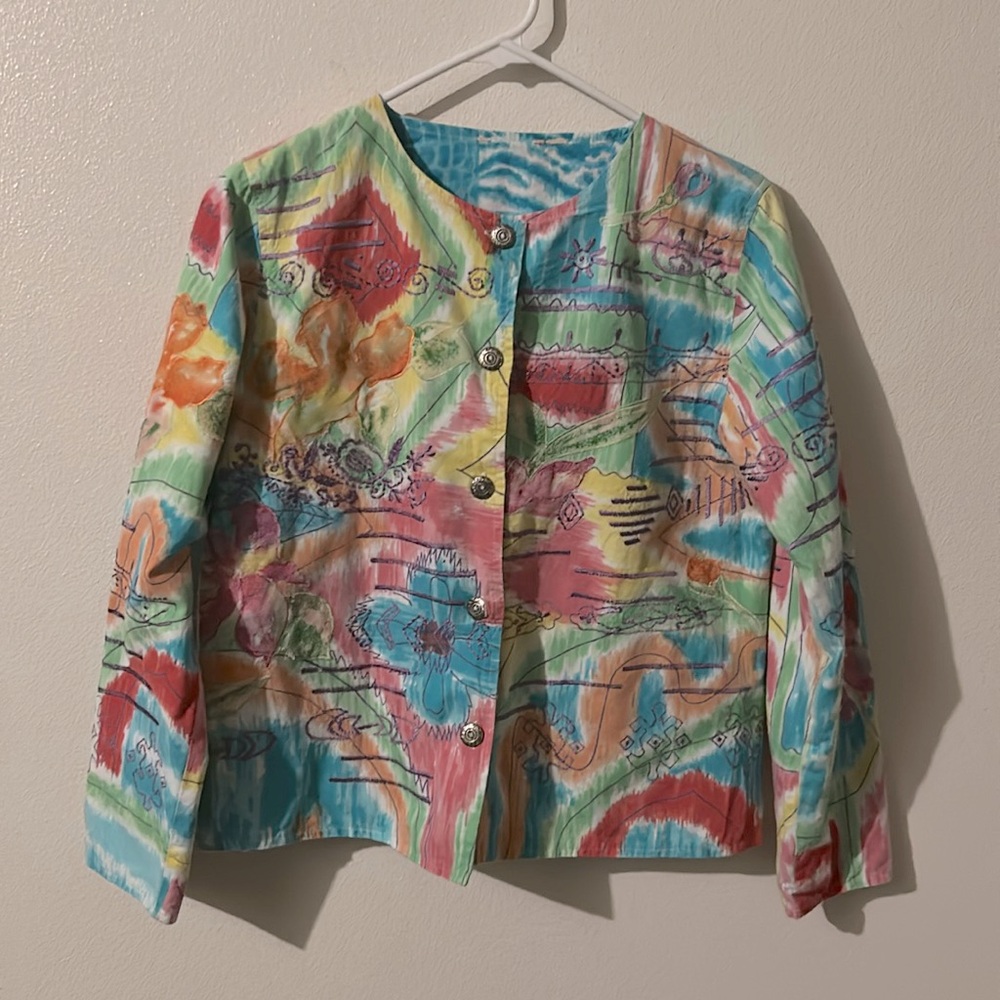 Vintage Colorful Abstract Patterned Multi Color Button Reversible Artsy Jacket